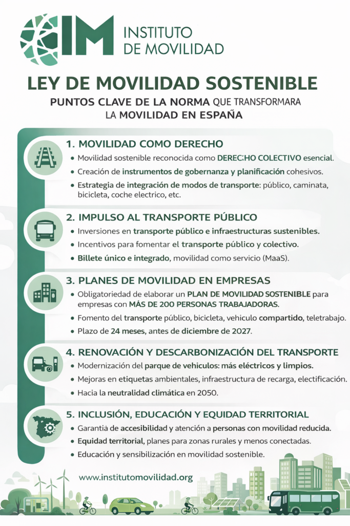 Infografía del Instituto de Movilidad sobre los puntos clave de la Ley 9/2025 de Movilidad Sostenible en España.